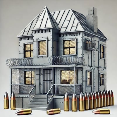 DALL·E 2024-08-21 15.07.40 - A humorous depiction of a bulletproof single-family rental property designed like a steel castle. The house features intact bulletproof glass windows 